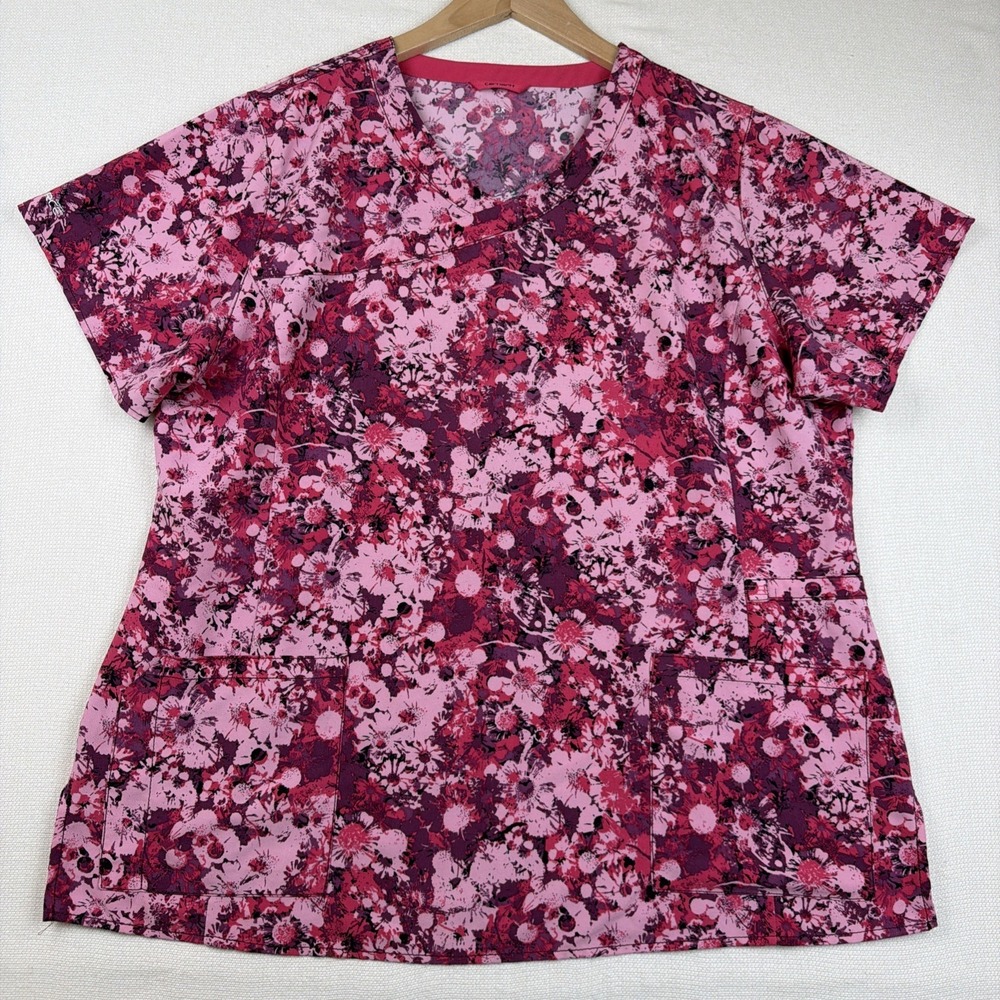 Carhartt Force V-Neck Floral Scrub Top Shirt Womens Pink Size 2X Uniform